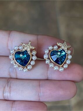 Swarovski Blue Heart & Pearl Star Stud Earrings